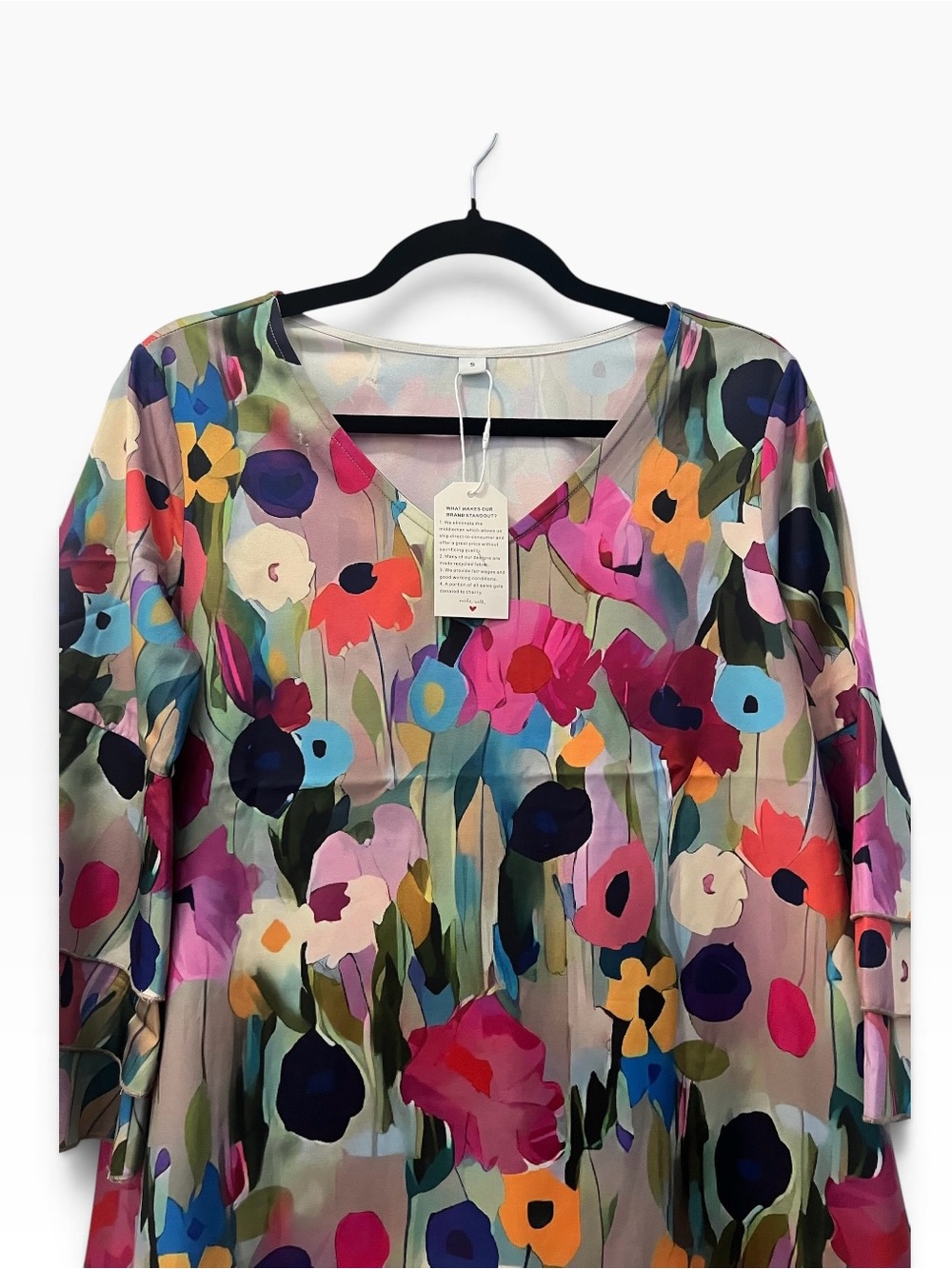 NWT Bold Watercolor Modern Floral Bell Sleeve V-Neck Shift Dress, S - Picture 2 of 5